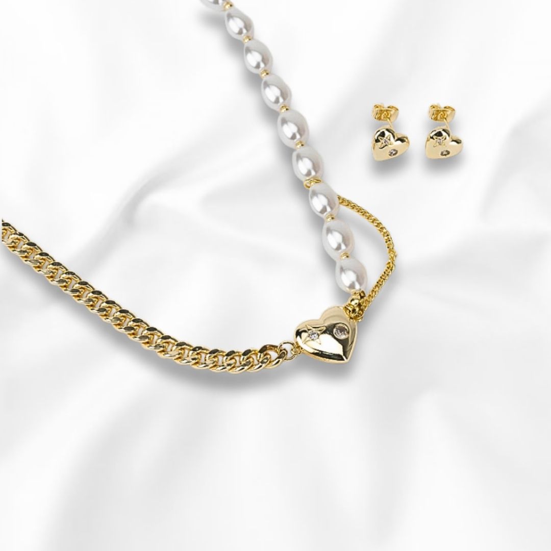 Juego de Collar con Perlas y Aretes Medida de 45 cm de Largo