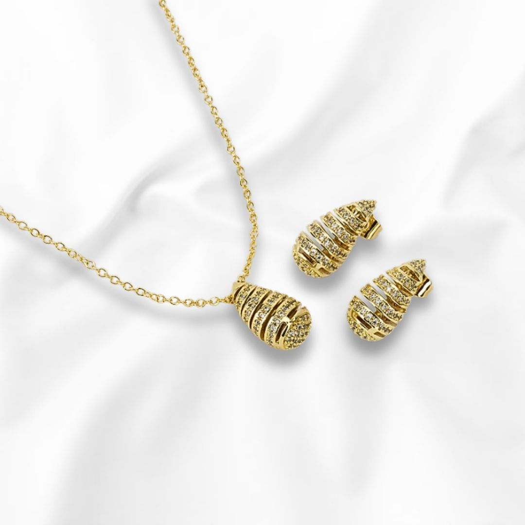 Juego de Cadena Arete y Dije Diseño de Gota en Espiral con Piedras Blancas 45cm