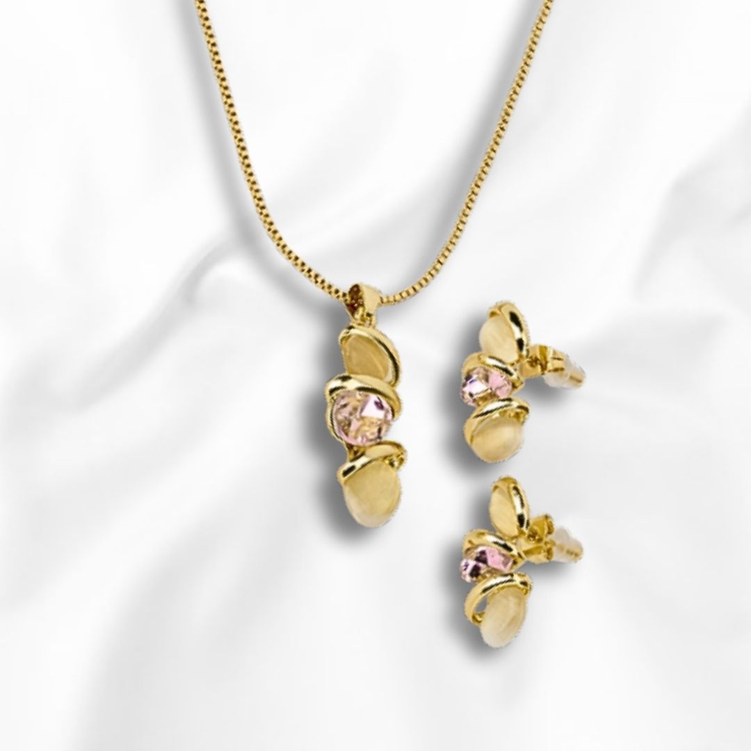 Juego de Cadena Aretes y Dije + Cadena de 45 cm de Largo con Piedra Rosa